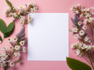 Obraz premium Flat lay arrangement featuring wildflowers on a pink background, epitomizing summer