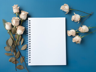 Dried white roses accentuate a notepad against a calming blue backdrop