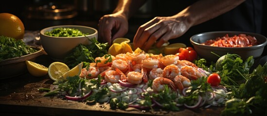 Close-up of male hands cutting shrimps on cutting board