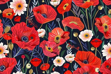 Seamless pattern with vibrant red poppie floral . wildflower pattern for nursery decoration. .
