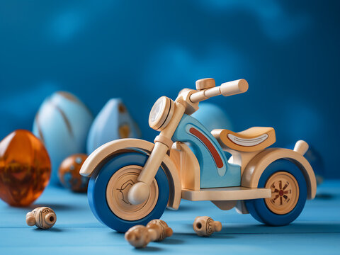 Wooden toys arranged on a blue background, forming a playful backdrop