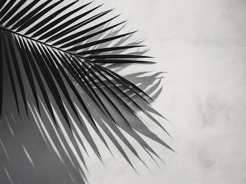 Monochrome depiction of palm coconut leaf shadow against a cement wall