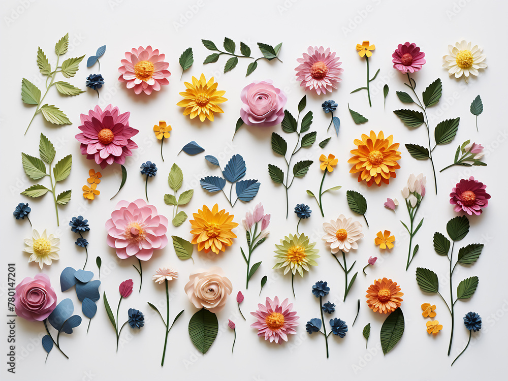 Poster top view mock-up displays a pattern of flowers on a white background