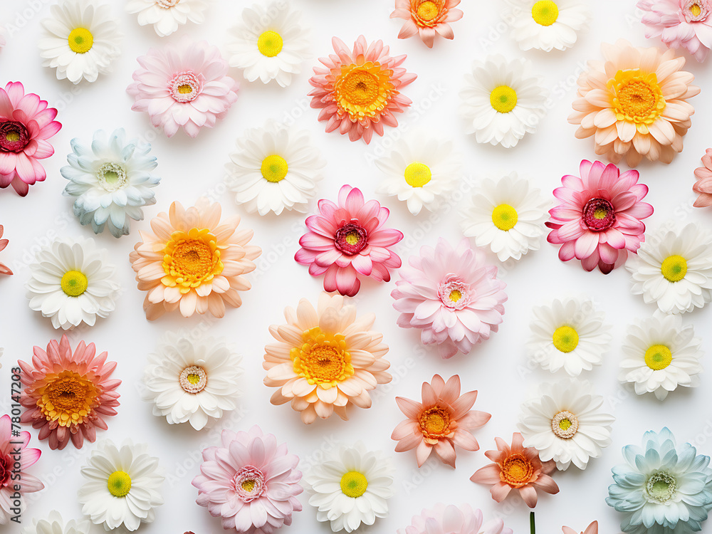 Poster flowers arranged in a pattern on a white background, captured from above in a mock-up