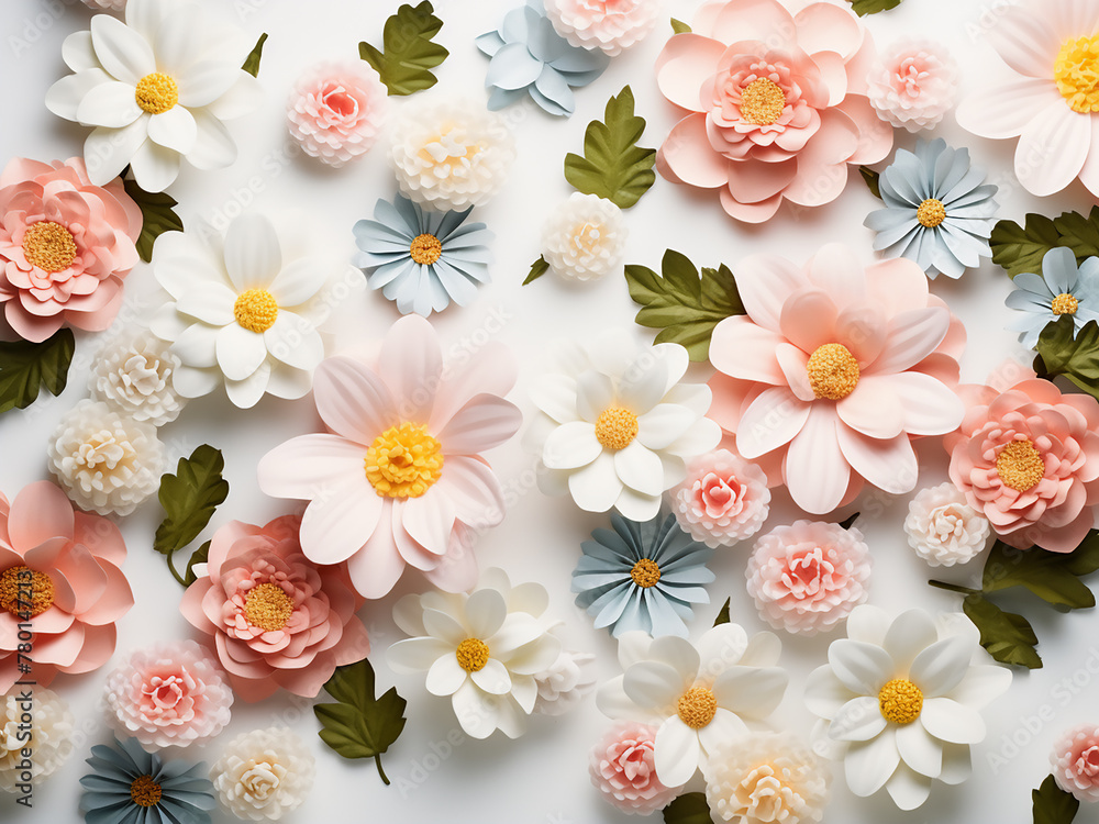 Poster mock-up presents a top view of flowers arranged in a pattern on a white background