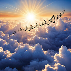 Music melodies fly in the sky between the clouds and the sun - obrazy, fototapety, plakaty
