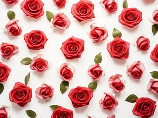 Roses flowers and buds arranged in a flat lay pattern against a white background