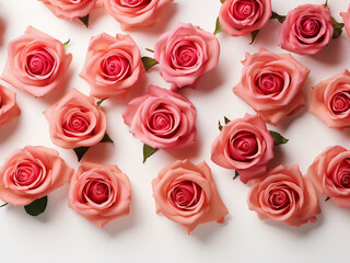 Top-down view of a pattern featuring roses flowers and buds on a white backdrop