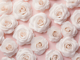 White roses arranged in a flat lay pattern against a pastel pink background