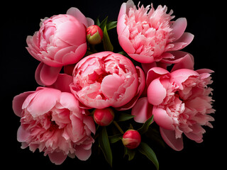 Dark background adorned with beautiful peony flowers in a flat lay arrangement