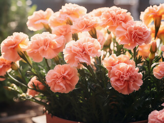 Toned image depicts peach-colored carnations in garden pots, creating a flower background