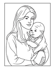 Happy Mother's day coloring page illustrations, Cute kawaii mother holding his child, cartoon character, Mother's day black and white vector