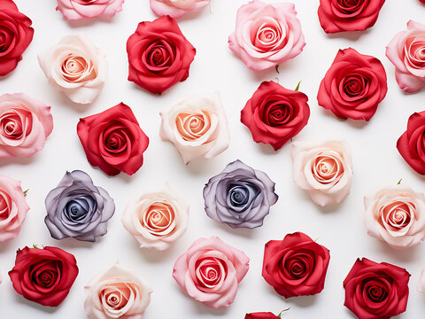 Top view of rose buds and petals forming a pattern on a white background for Valentine's Day