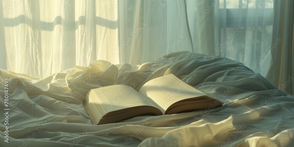 Poster an open book placed on top of a neatly made bed, with sunlight streaming through curtains, creating 