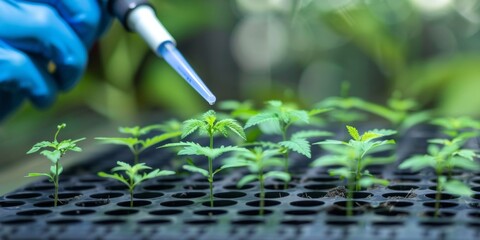 A person in a blue glove is carefully spraying a plant with a solution using a pipette