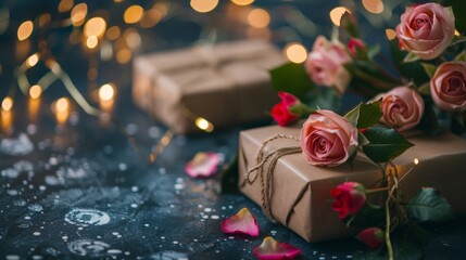 Two presents beautifully wrapped in elegant paper decorated with delicate pink roses