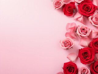 Pink and red roses arranged on pink, ideal for Valentine's