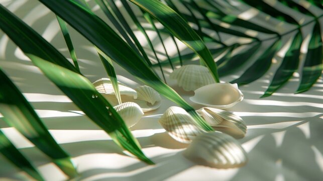 Detailed view of various shells and palm leaves arranged together in a minimalist composition