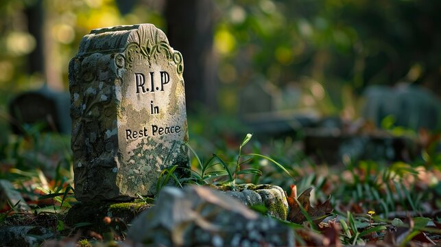 A solemn stone tombstone bears the engraved letters "R.I.P", an acronym for "Rest in Peace", in honor of the deceased. Tombstone in a peaceful environment of serenity and respect for eternal rest.