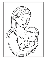 Happy Mother's day coloring page illustrations, Cute kawaii mother holding his child, cartoon character, Mother's day black and white vector