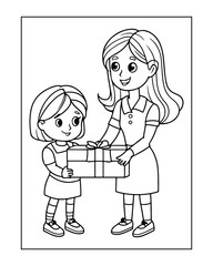 Happy Mother's day coloring page illustrations, Cute kawaii mother holding his child, cartoon character, Mother's day black and white vector