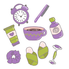 Morning routine. Skincare products in tube and bottle, comb, slippers, facial massager, hair tie, coffee cup, alarm clock. Self-care.  Isolated on white. Hand drawn vector illustration. Doodle style.