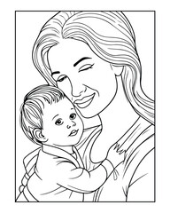 Happy Mother's day coloring page illustrations, Cute kawaii mother holding his child, cartoon character, Mother's day black and white vector