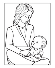 Happy Mother's day coloring page illustrations, Cute kawaii mother holding his child, cartoon character, Mother's day black and white vector