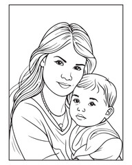 Happy Mother's day coloring page illustrations, Cute kawaii mother holding his child, cartoon character, Mother's day black and white vector