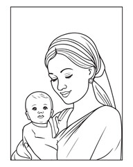 Happy Mother's day coloring page illustrations, Cute kawaii mother holding his child, cartoon character, Mother's day black and white vector