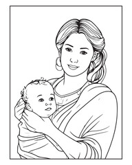 Happy Mother's day coloring page illustrations, Cute kawaii mother holding his child, cartoon character, Mother's day black and white vector