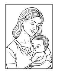 Happy Mother's day coloring page illustrations, Cute kawaii mother holding his child, cartoon character, Mother's day black and white vector