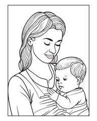 Happy Mother's day coloring page illustrations, Cute kawaii mother holding his child, cartoon character, Mother's day black and white vector