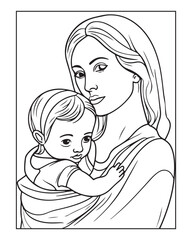 Happy Mother's day coloring page illustrations, Cute kawaii mother holding his child, cartoon character, Mother's day black and white vector