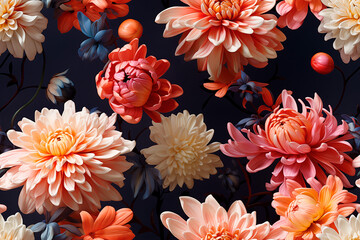 Lush dahlia flowers, showcasing a spectrum from pale blush to deep coral, forms a seamless pattern ideal for design and decor.