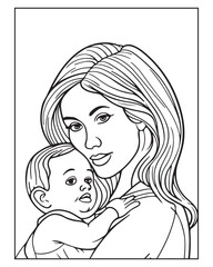 Happy Mother's day coloring page illustrations, Cute kawaii mother holding his child, cartoon character, Mother's day black and white vector