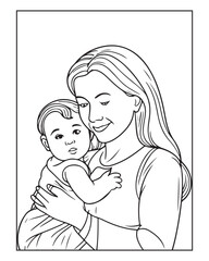 Happy Mother's day coloring page illustrations, Cute kawaii mother holding his child, cartoon character, Mother's day black and white vector