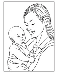 Happy Mother's day coloring page illustrations, Cute kawaii mother holding his child, cartoon character, Mother's day black and white vector