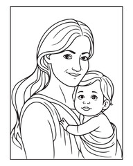 Happy Mother's day coloring page illustrations, Cute kawaii mother holding his child, cartoon character, Mother's day black and white vector