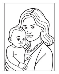 Happy Mother's day coloring page illustrations, Cute kawaii mother holding his child, cartoon character, Mother's day black and white vector
