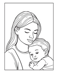 Happy Mother's day coloring page illustrations, Cute kawaii mother holding his child, cartoon character, Mother's day black and white vector