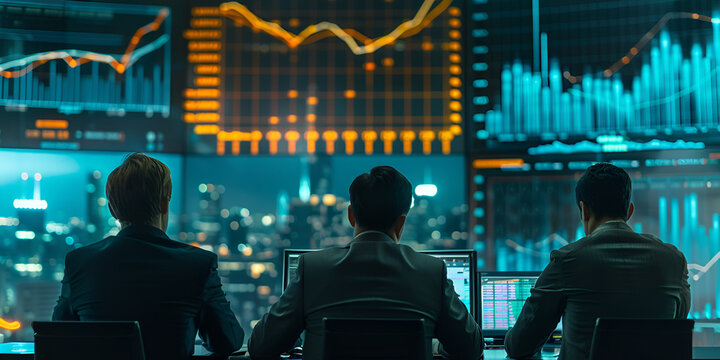 User
 traders engrossed in discussing trading charts, research reports, and growth while analyzing strategies on their monitors, embodying the co Strategies, Risk Management, and Market Analysis