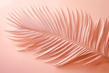 A peach feathered palm leaf stretches across a soft peach background, its detailed fronds creating a harmonious blend of natural form and color, perfect for tranquil design motif. - 780148694
