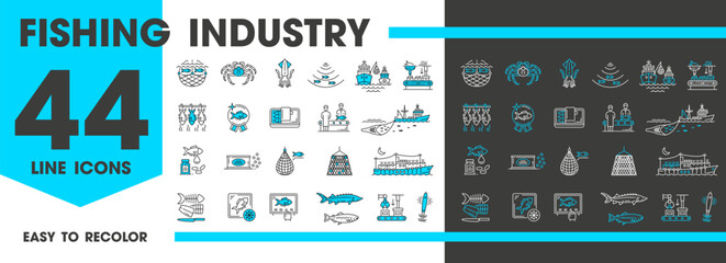Fishing industry line icons of fishery boat and fishes or seafood, vector symbols. Fishery plant or factory icons with fish trap, trawling fishnet and fisherman baits for fish food production