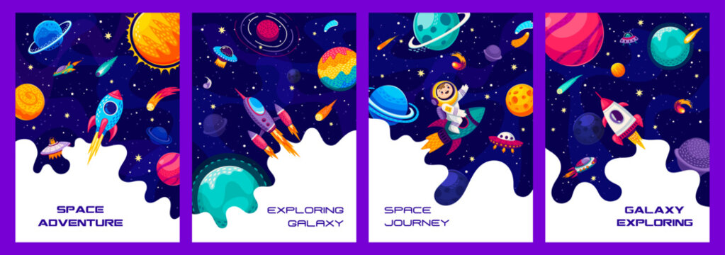 Space exploring, galaxy adventure posters with kid astronaut, starry universe, rockets and planets. Cartoon vector vertical cards with interstellar exploration, imaginative cosmic adventure or journey