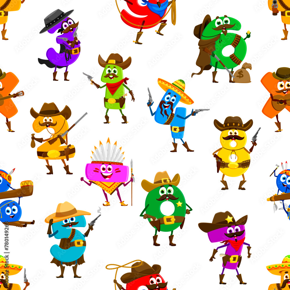 Poster Cowboy and sheriff, indian and robber math number characters seamless pattern. Vector tile background with colorful numeric western personages in traditional Wild West attire, wielding guns with a fun