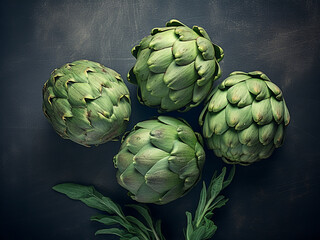 Obraz premium Gray texture backdrop hosts raw, whole, organic green artichokes from a top view, providing space