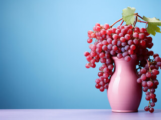 Light blue backdrop provides space for text alongside red and pink grapes in a vase