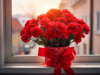 Red geranium bouquet left on a pink window, conveying a love message in landscape orientation - obrazy, fototapety, plakaty