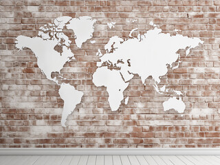 White-colored red brick wall texture with a wood terrace featuring a world map